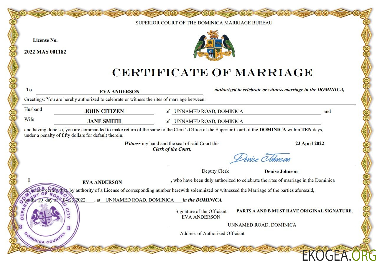 Modèle Word et PDF d'acte de mariage à la Dominique